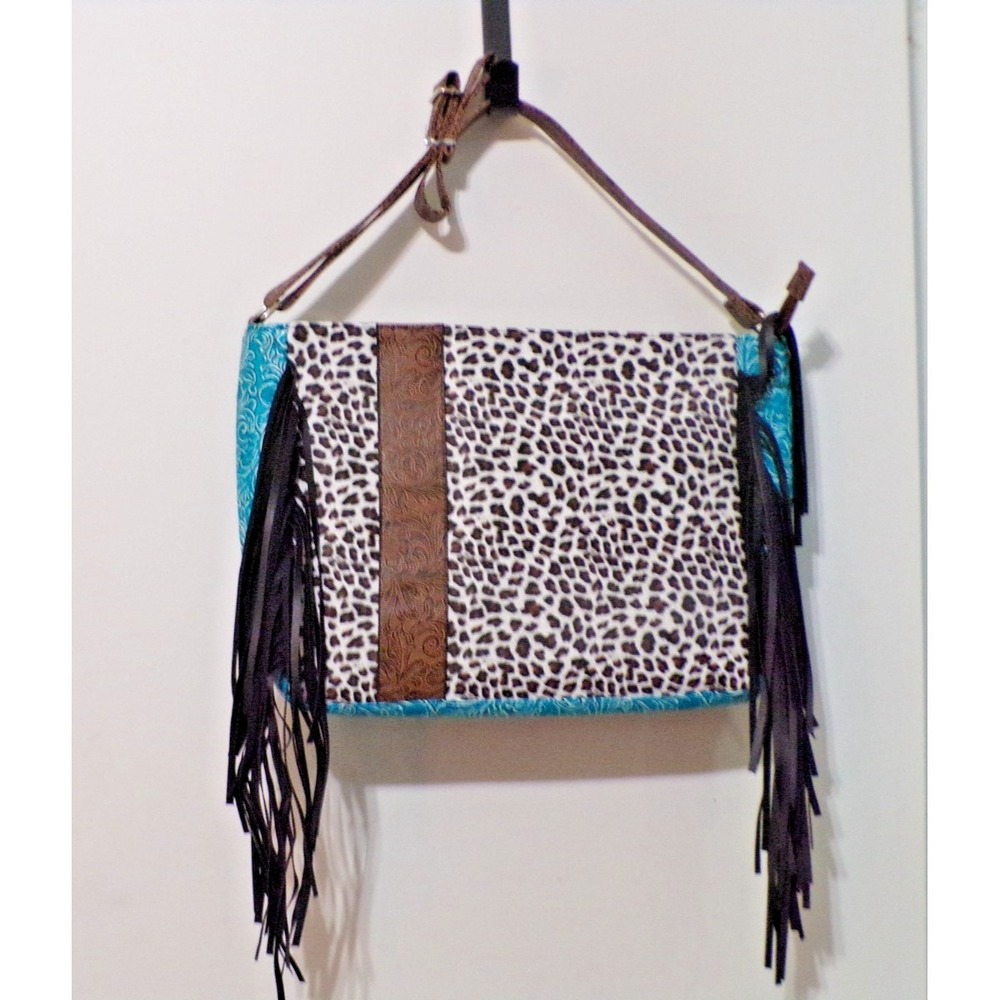 Smokey Mountain Rain Tassel Shoulder Tote Laptop Bag Animal Print Black & Teal